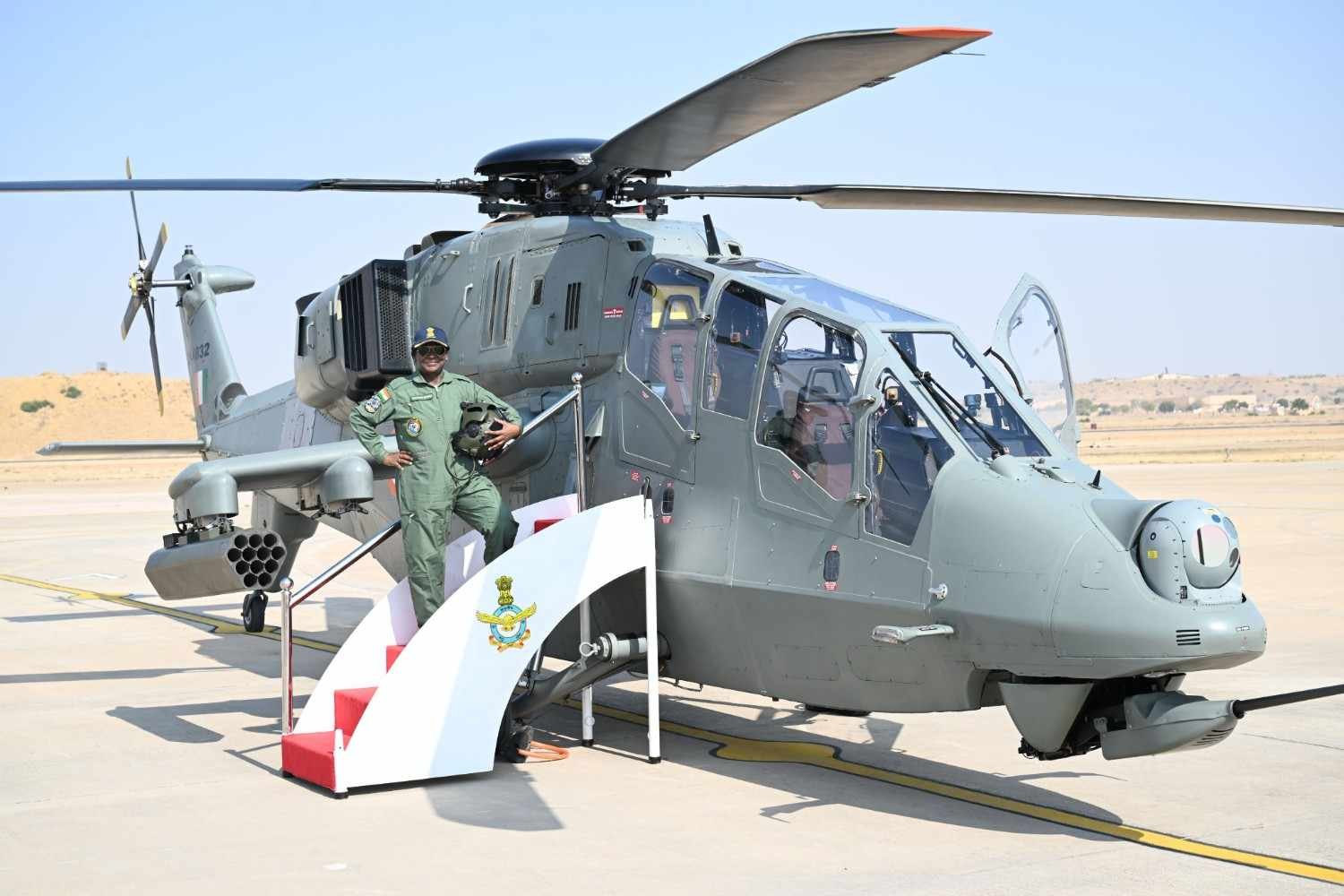 President Droupadi Murmu flew in the indigenous Light Combat Helicopter Prachand at Jaisalmer Air Force Station in Rajasthan.