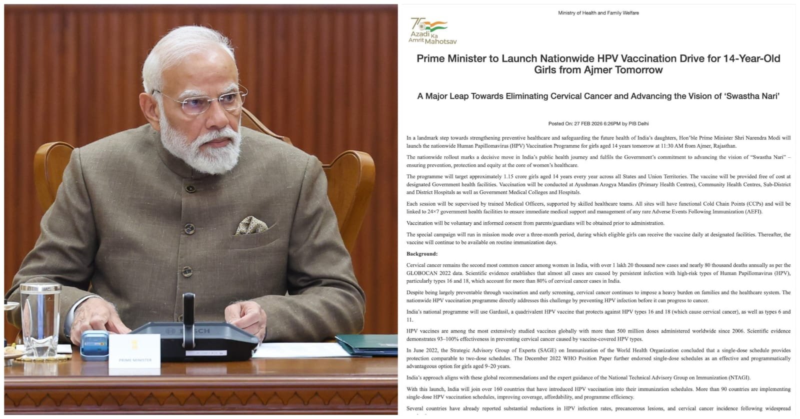 Prime Minister Narendra Modi Launches Nationwide HPV Vaccination Drive for 14-Year-Old Girls