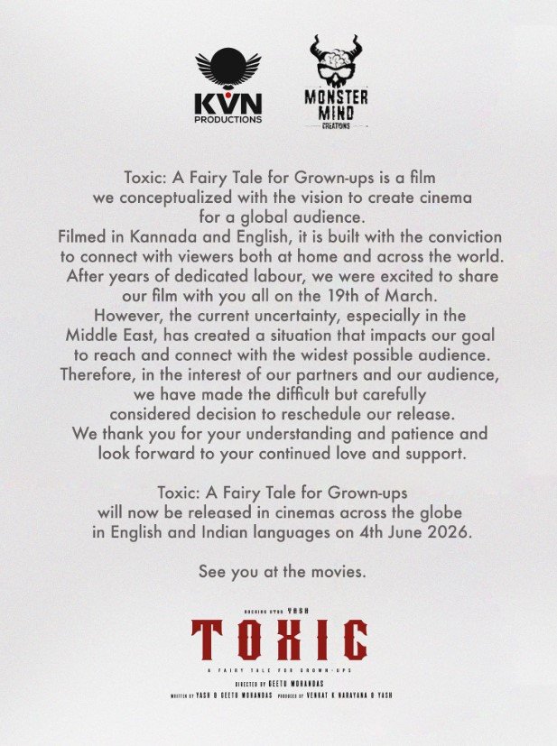 Toxic Movie Release Postponed to June 2026